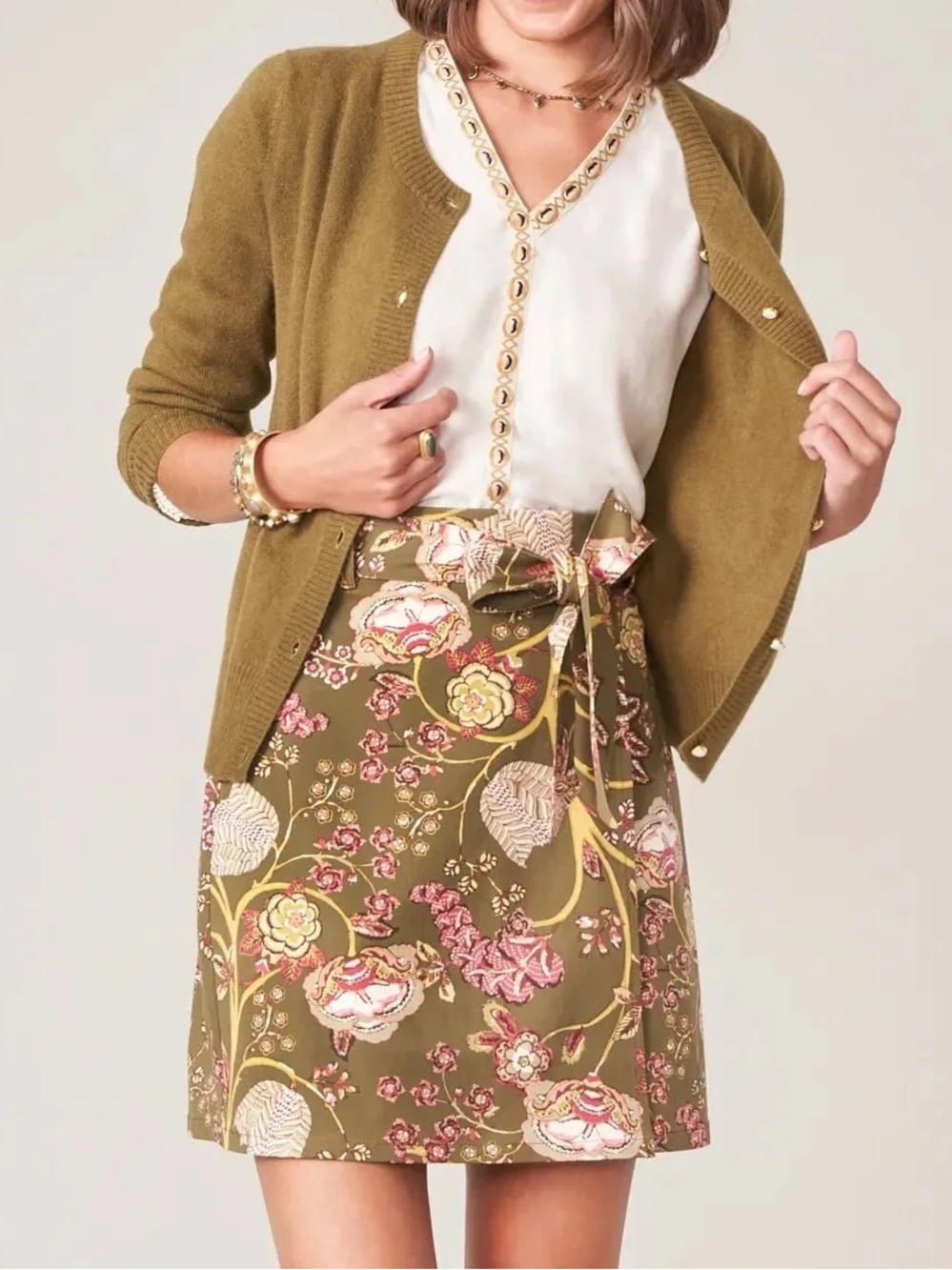 Spartina 449 Linden Stretch Skirt High Waisted Olive Green Floral Print Size XL - Picture 2 of 7